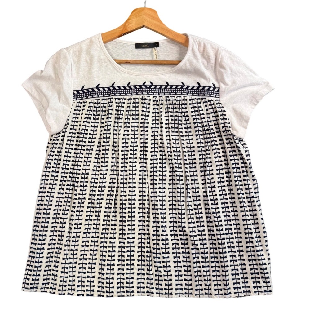 THML Top Womens S White Blue Embroidered Mixed Media Boho Coastal Chic‎ Blouse - Picture 2 of 9